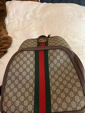 Gucci Brown GG Canvas Backpack with Green & Red Web